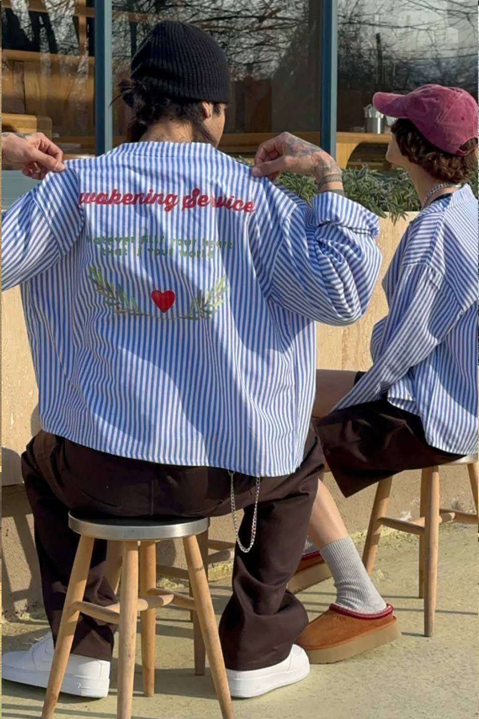 Awakening Service Baskılı Mavi Çizgili Boxy Fit Crop Gömlek - SOLDOUT