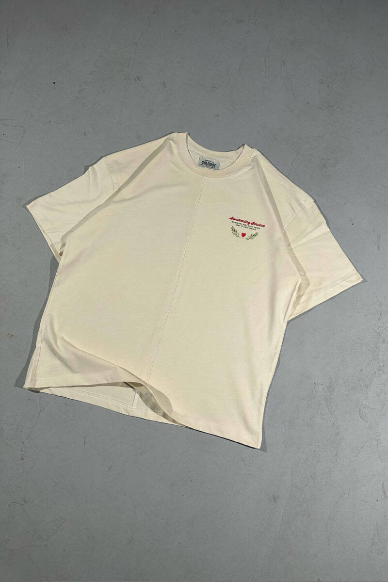 Awakening Service Baskılı Dikiş Detaylı Bej Oversize Tişört - 3