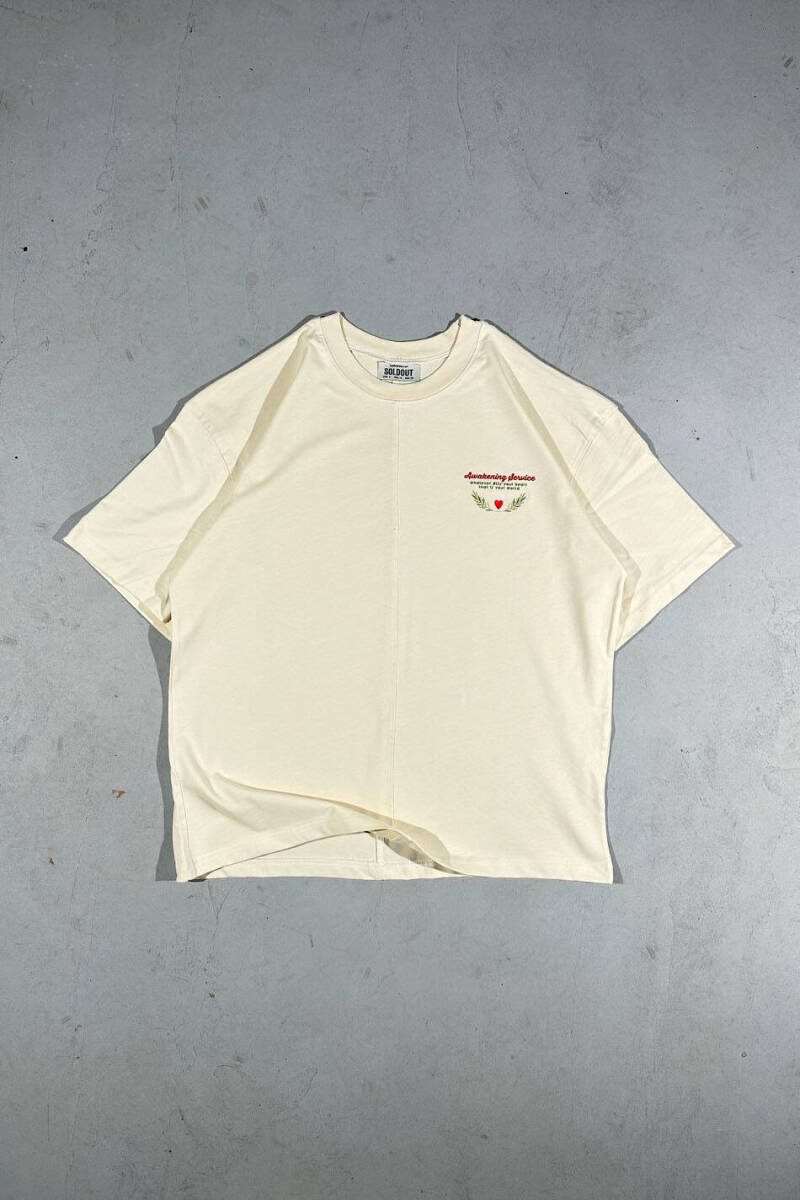 Awakening Service Baskılı Dikiş Detaylı Bej Oversize Tişört - 2