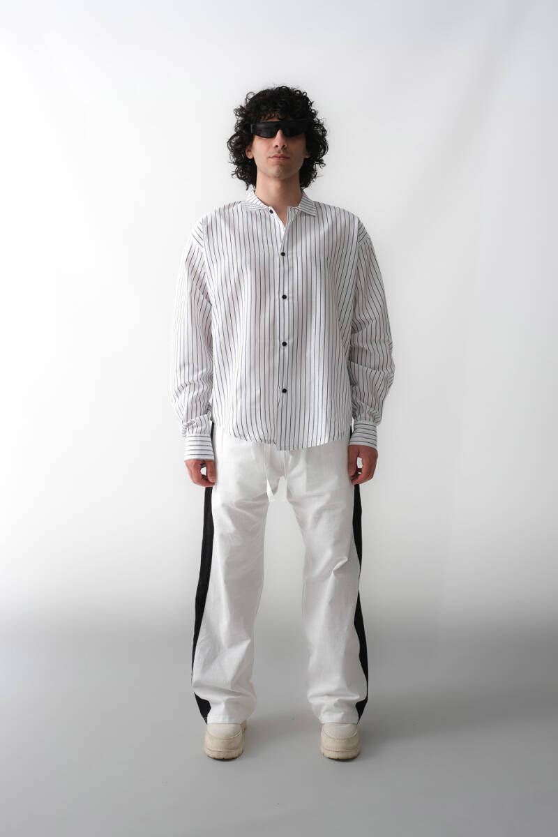 BDSM İnce Siyah Çizgili Oversize Gömlek - 3