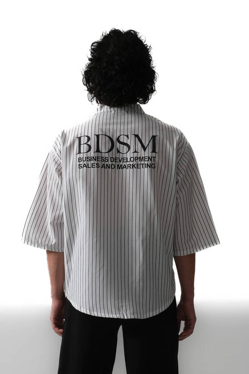 BDSM İnce Siyah Çizgili Yarım Kol Oversize Gömlek - 1