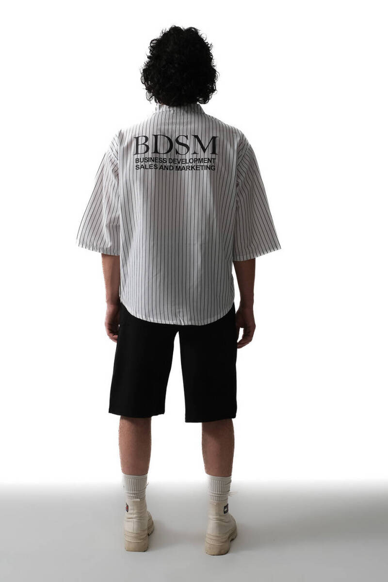 BDSM İnce Siyah Çizgili Yarım Kol Oversize Gömlek - 2
