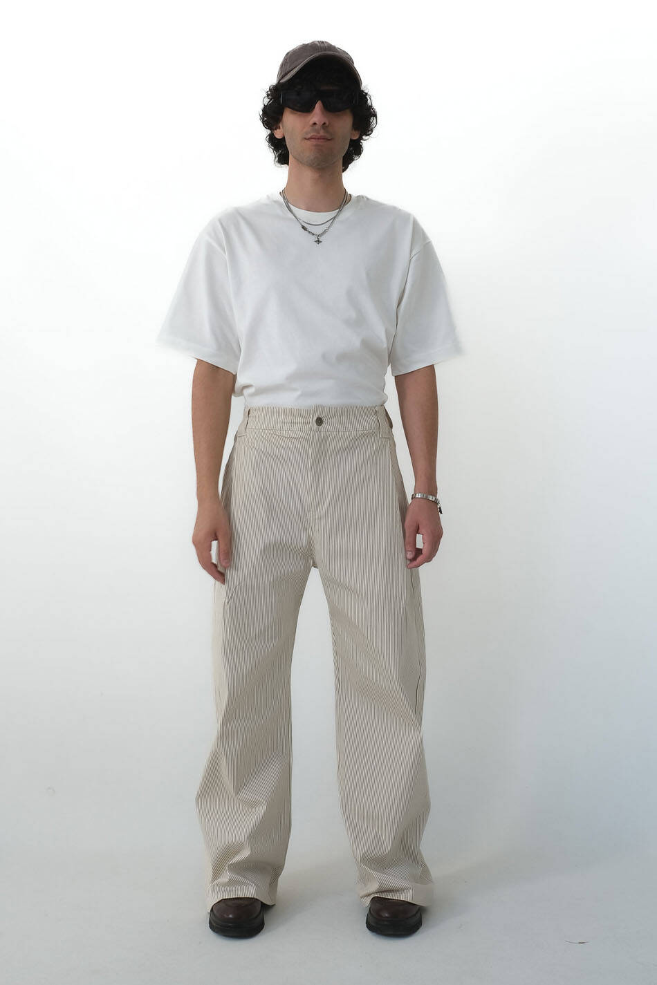 Bej Çizgili Çift Pileli Baggy Pantolon - SOLDOUT