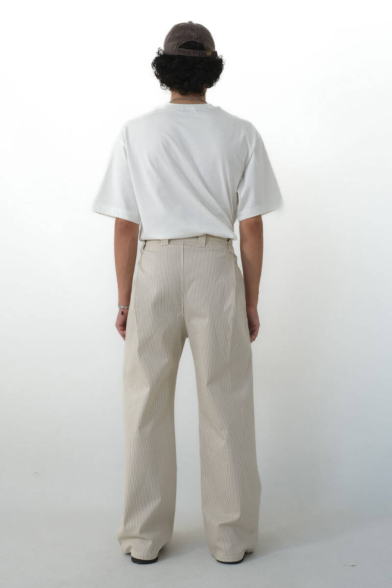 Bej Çizgili Çift Pileli Baggy Pantolon - 2