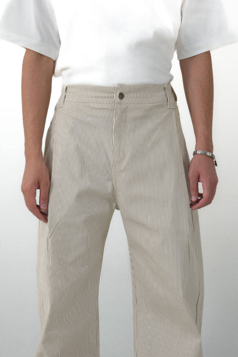 Bej Çizgili Çift Pileli Baggy Pantolon - 3