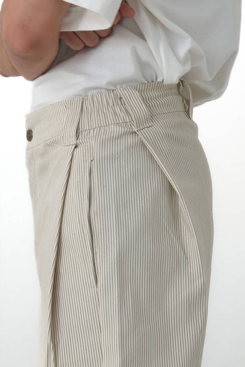 Bej Çizgili Çift Pileli Baggy Pantolon - 7