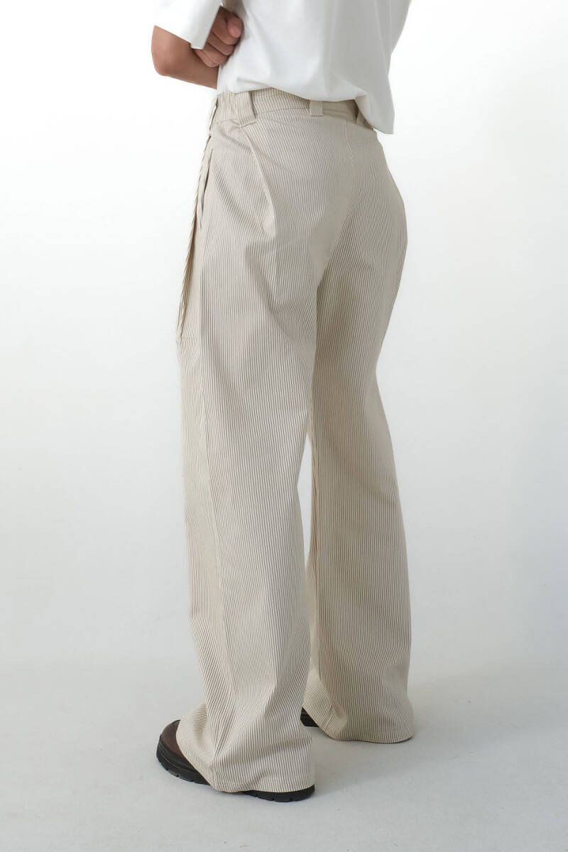 Bej Çizgili Çift Pileli Baggy Pantolon - 5
