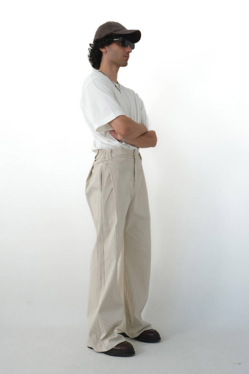 Bej Çizgili Çift Pileli Baggy Pantolon - 4