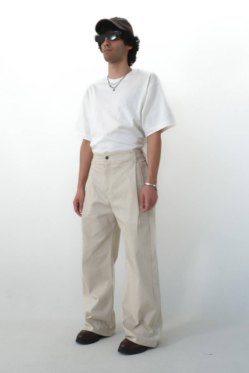 Bej Çizgili Çift Pileli Baggy Pantolon - 6