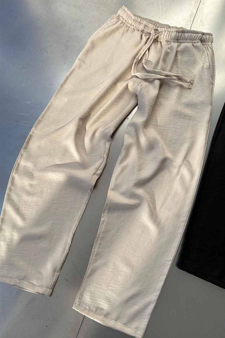 Bej Düz Cepli Keten Görünümlü Pantolon - SOLDOUT