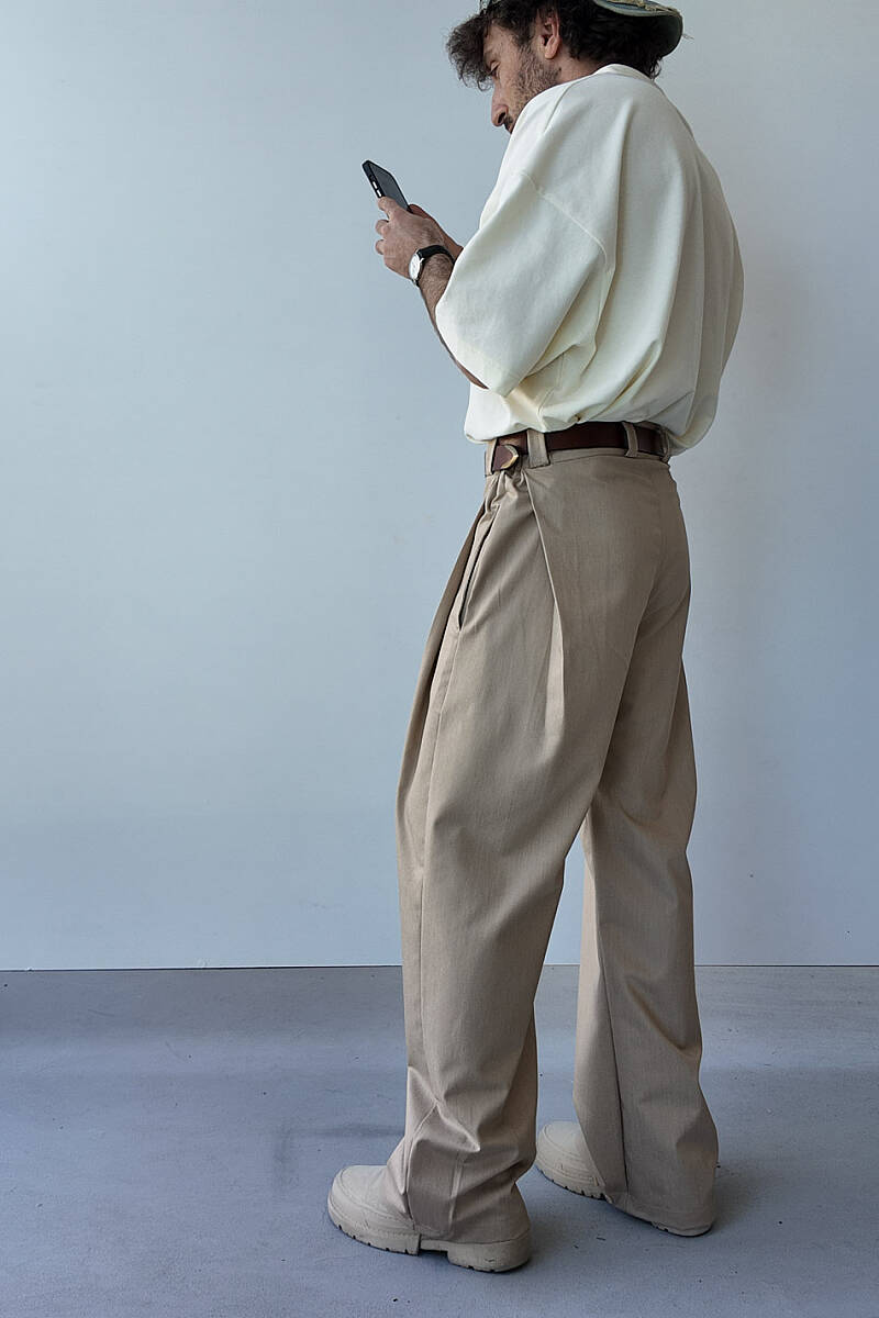 Bej Fenna V2 Pileli Baggy Kumaş Pantolon - 10