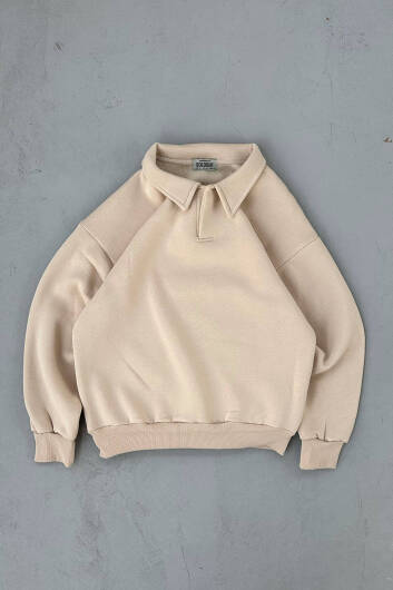 Bej Polo Yaka Oversize Sweatshirt 
