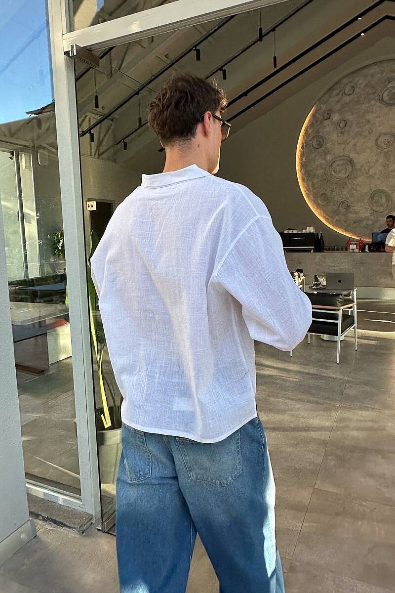 Beyaz %100 Pamuk Boxy Fit Crop Gömlek - 3
