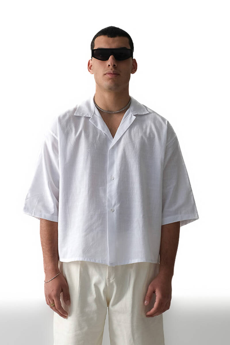 Beyaz Boxy Fit Crop Yarım Kol %100 Pamuk İnce Gömlek - 1