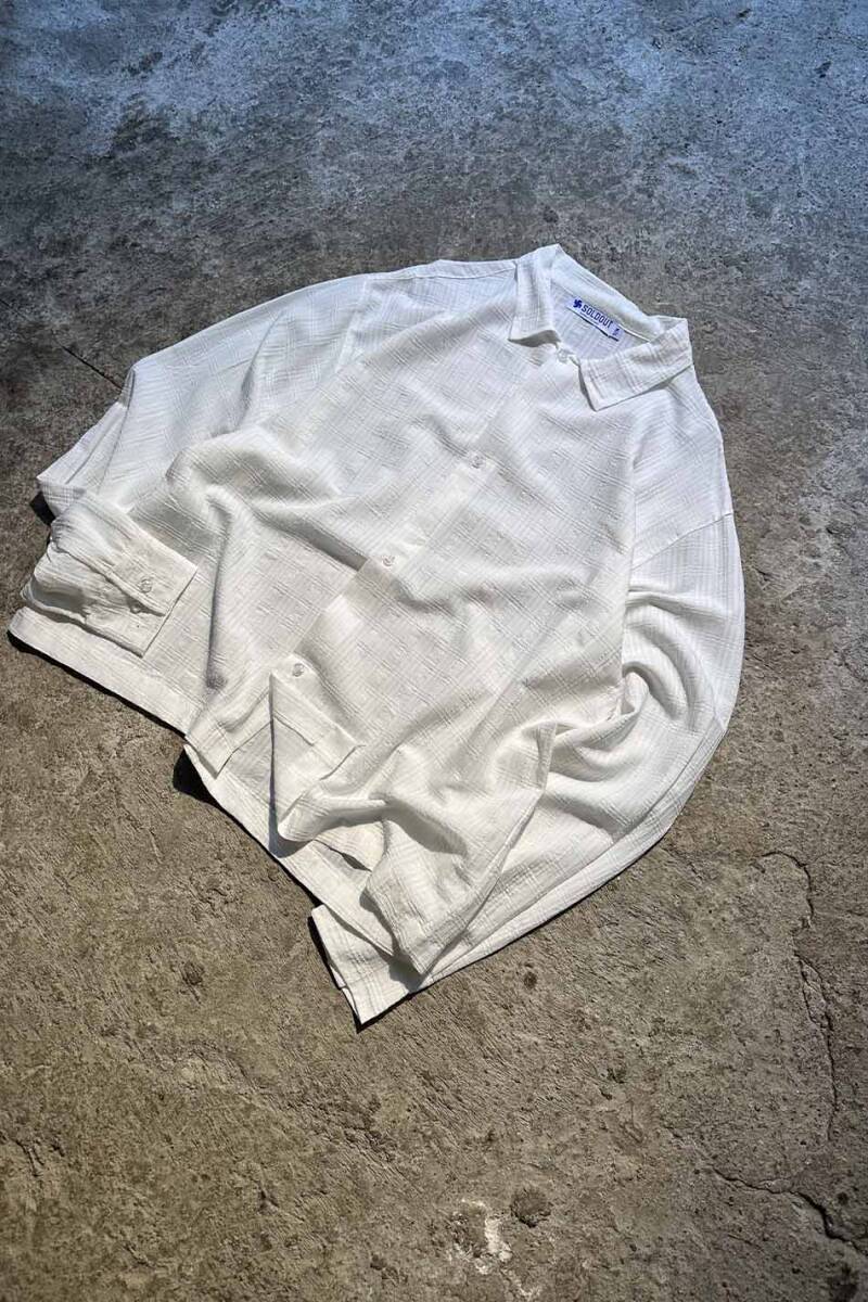 Beyaz Kare Dokulu Oversize Gömlek - 7