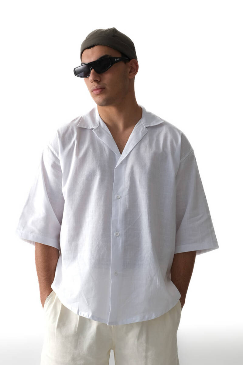 Beyaz Oversize Yarım Kol %100 Pamuk İnce Gömlek - SOLDOUT