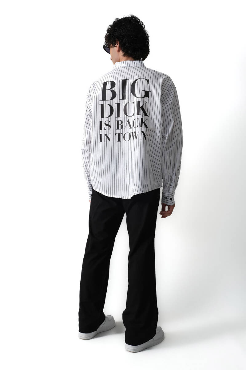 Big Dick Baskılı ince Siyah Çizgili Old Money Oversize Gömlek - 9