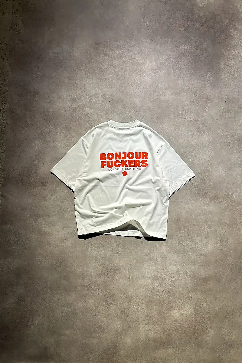Bonjour Beyaz Oversize Baskılı Tişört - 1