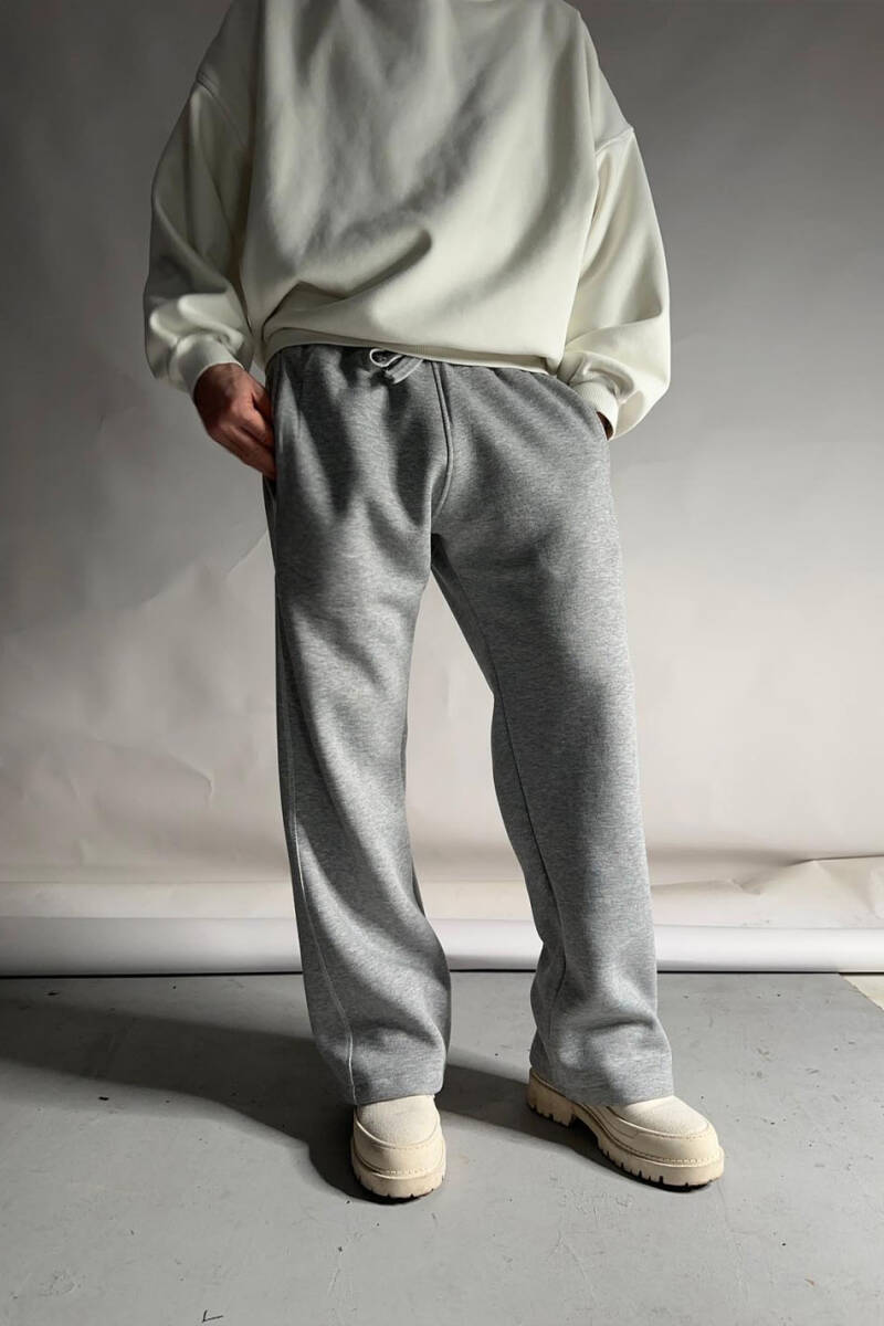 Çift Dikiş Detaylı Gri Melanj Baggy Eşofman - 1