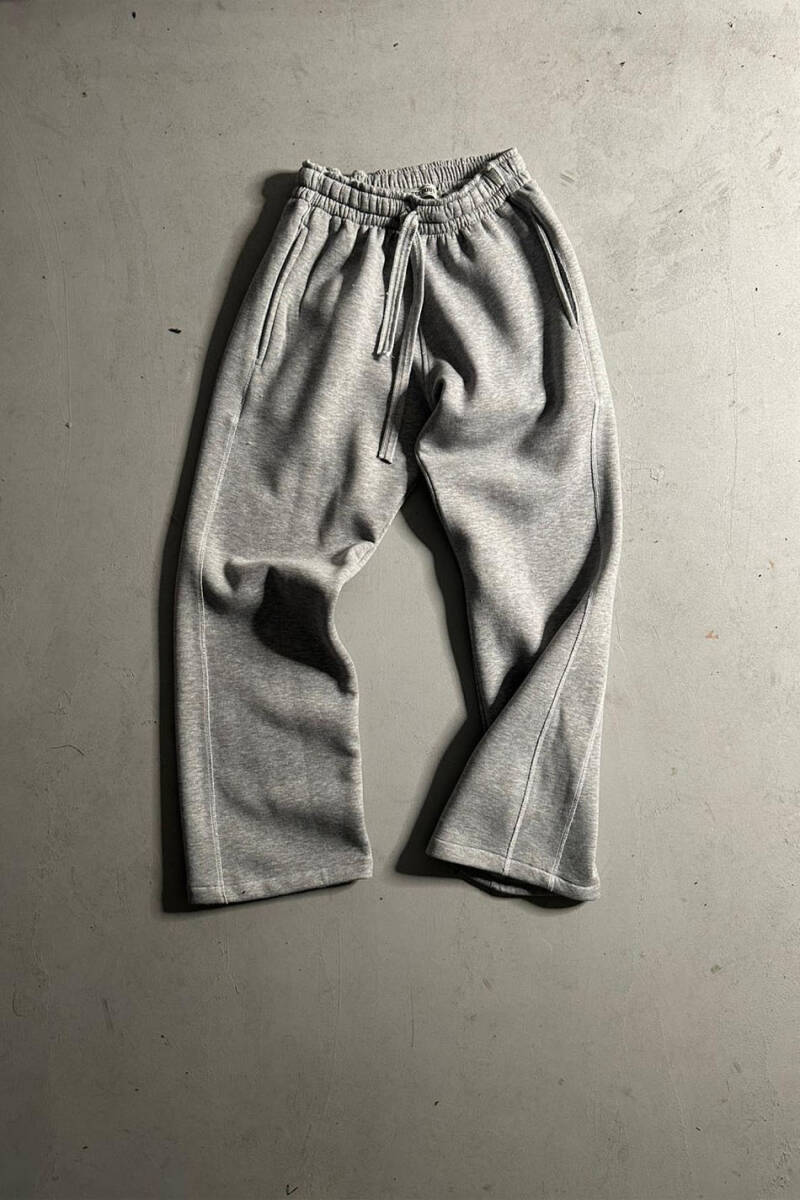 Çift Dikiş Detaylı Gri Melanj Baggy Eşofman - 2