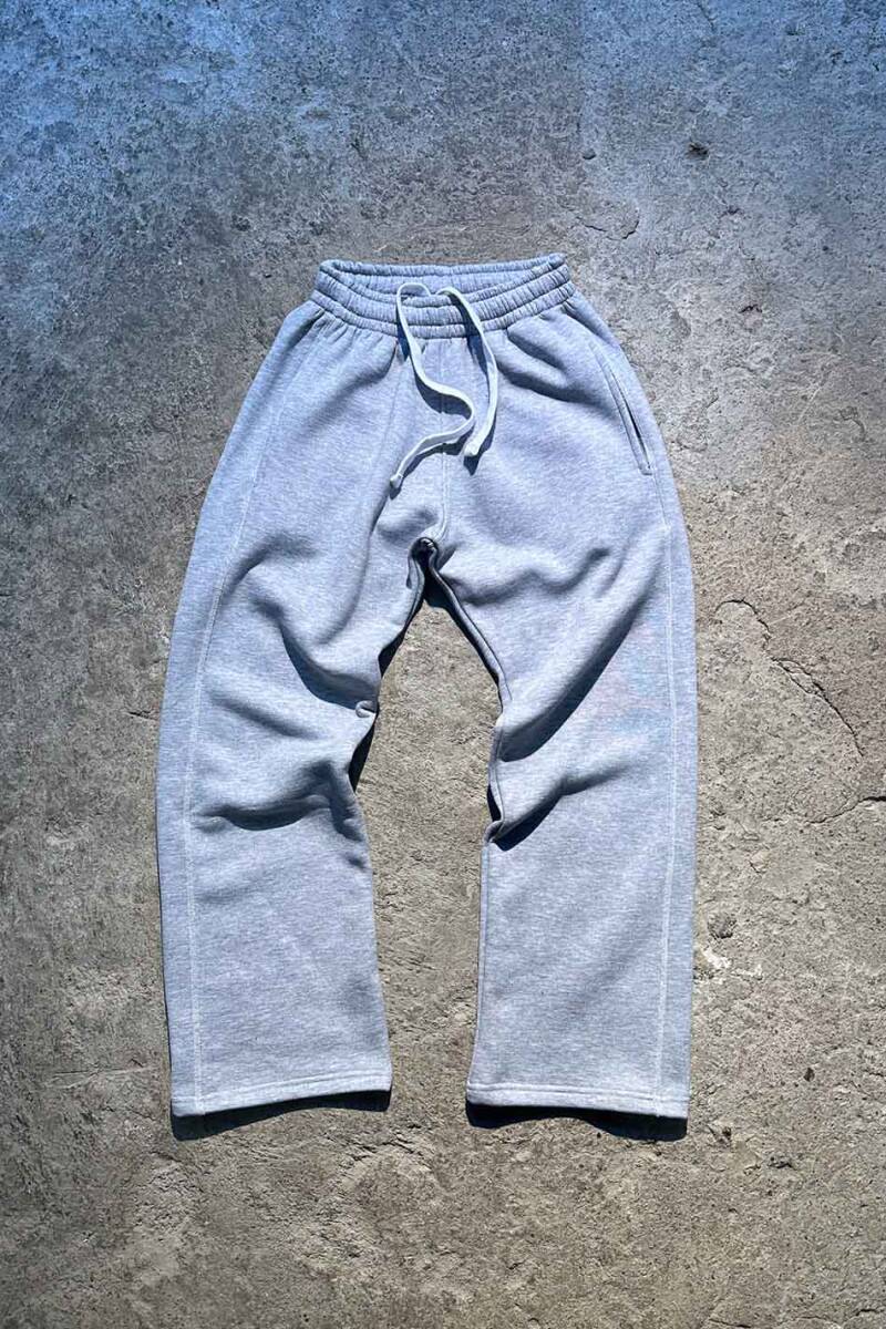 Çift Dikiş Detaylı Gri Melanj Baggy Eşofman - 1