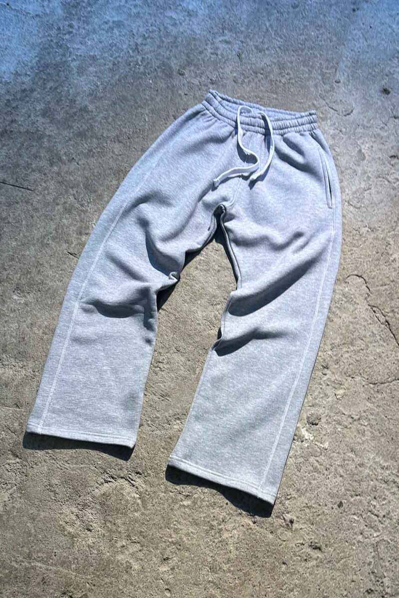 Çift Dikiş Detaylı Gri Melanj Baggy Eşofman - 8