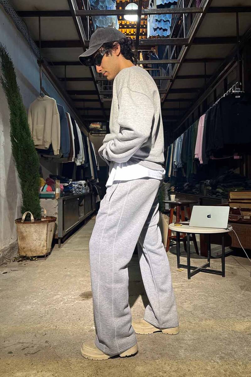 Çift Dikiş Detaylı Gri Melanj Baggy Eşofman - 5