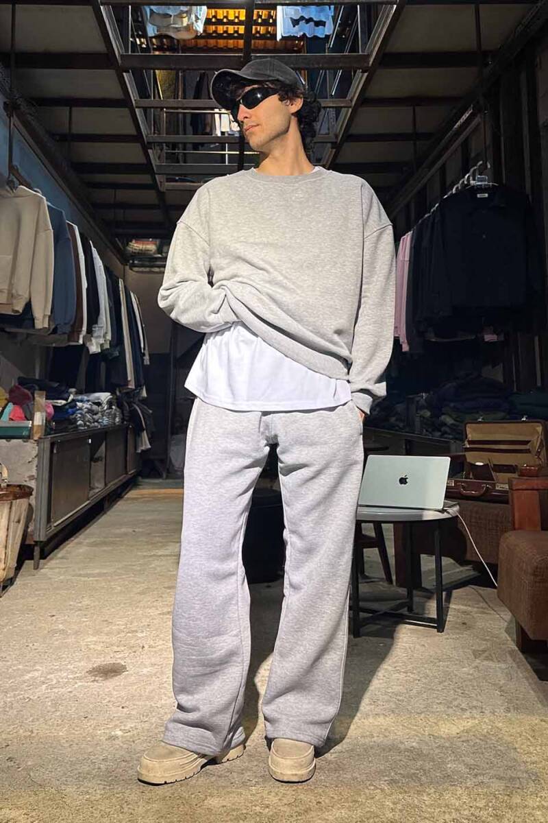 Çift Dikiş Detaylı Gri Melanj Baggy Eşofman - 2