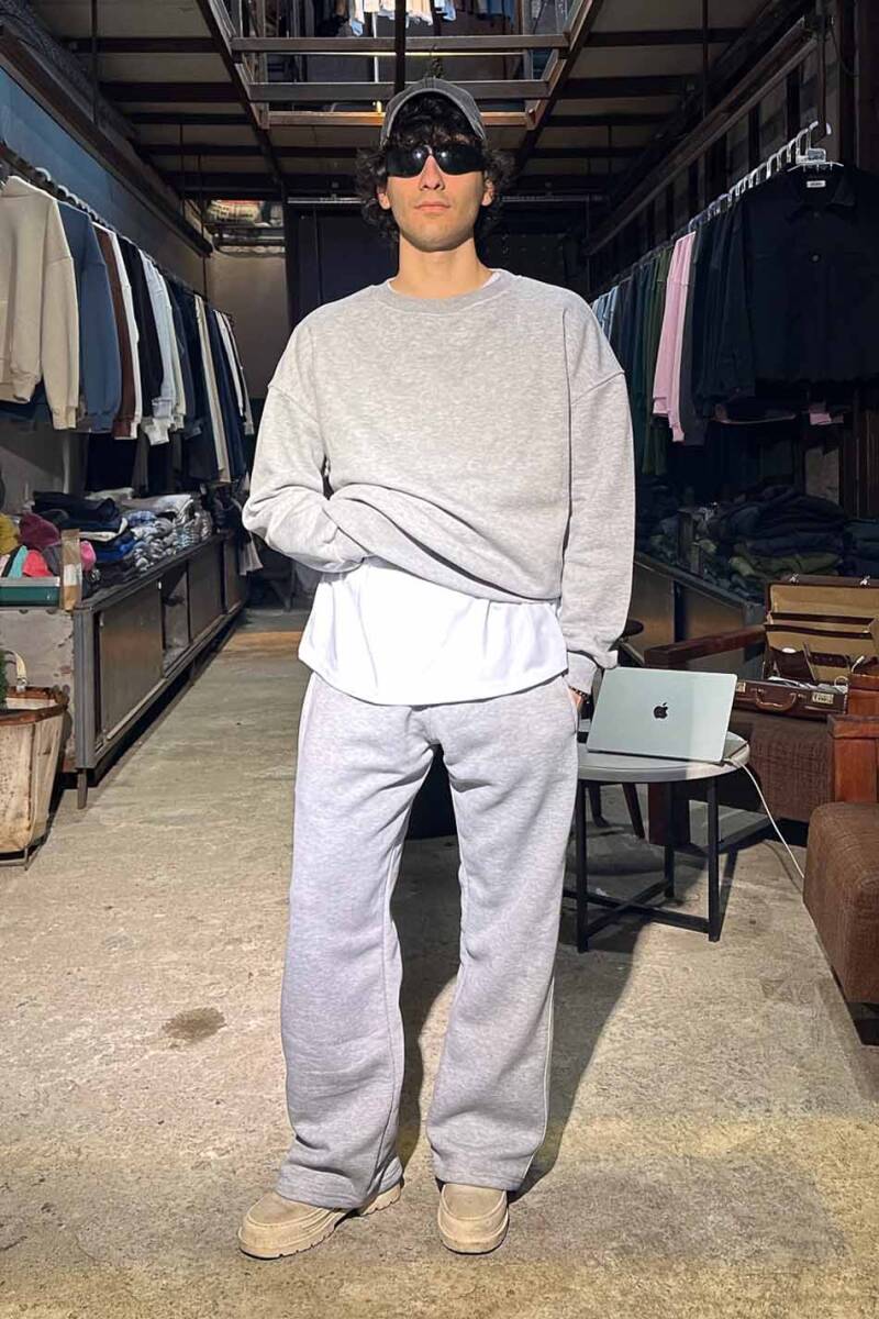 Çift Dikiş Detaylı Gri Melanj Baggy Eşofman - 4