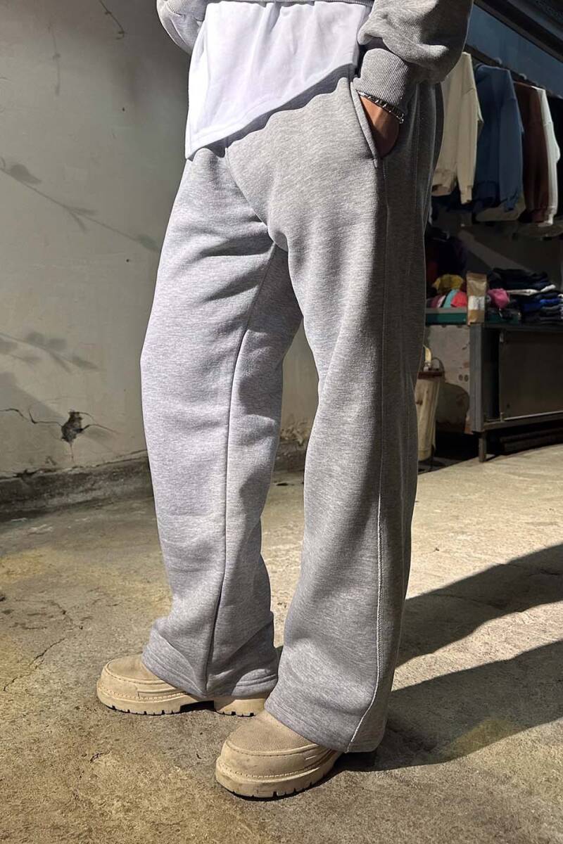 Çift Dikiş Detaylı Gri Melanj Baggy Eşofman - 3