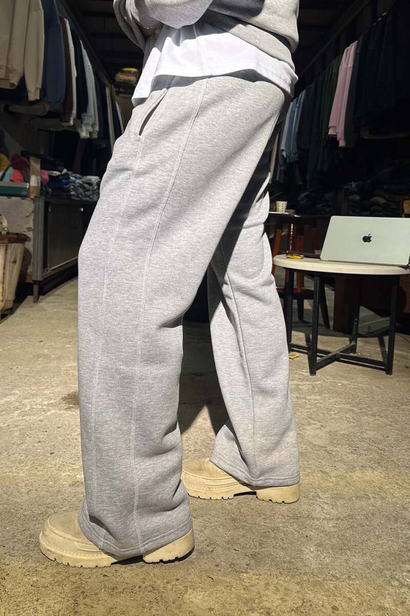 Çift Dikiş Detaylı Gri Melanj Baggy Eşofman - 6