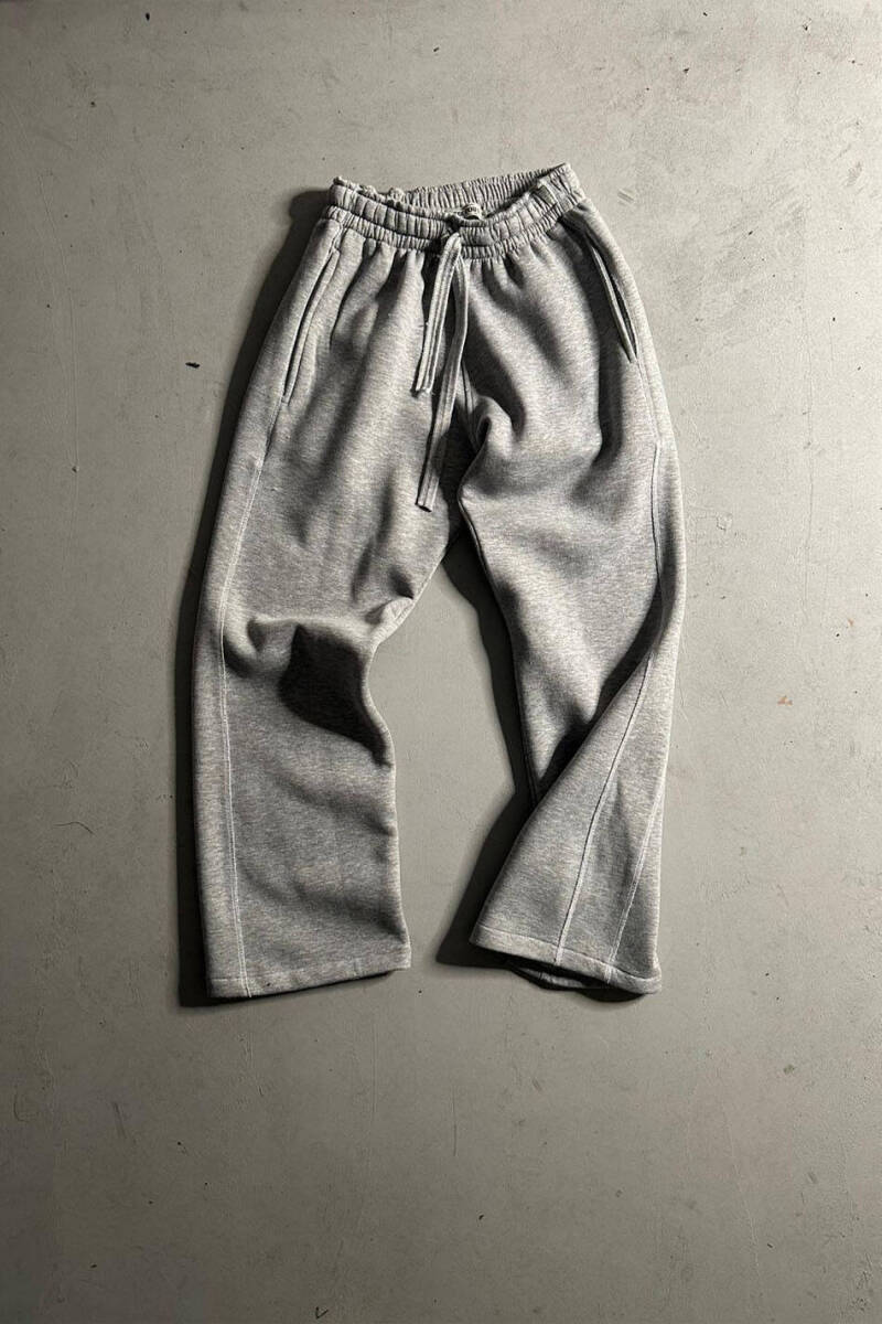 Çift Dikiş Detaylı Gri Melanj Baggy Eşofman - 2