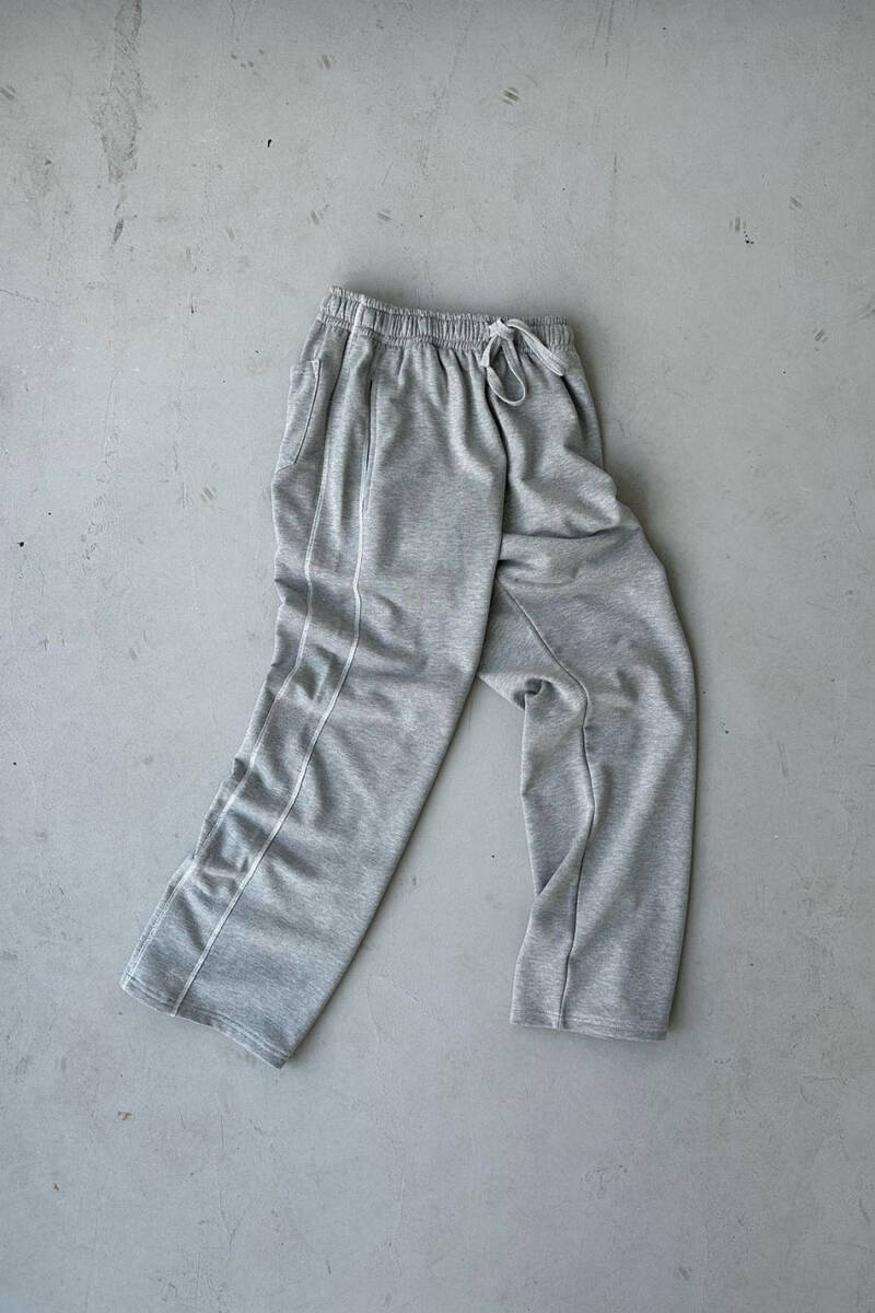 Çift Dikiş Detaylı Gri Melanj (Şardonsuz) Baggy Eşofman - 7