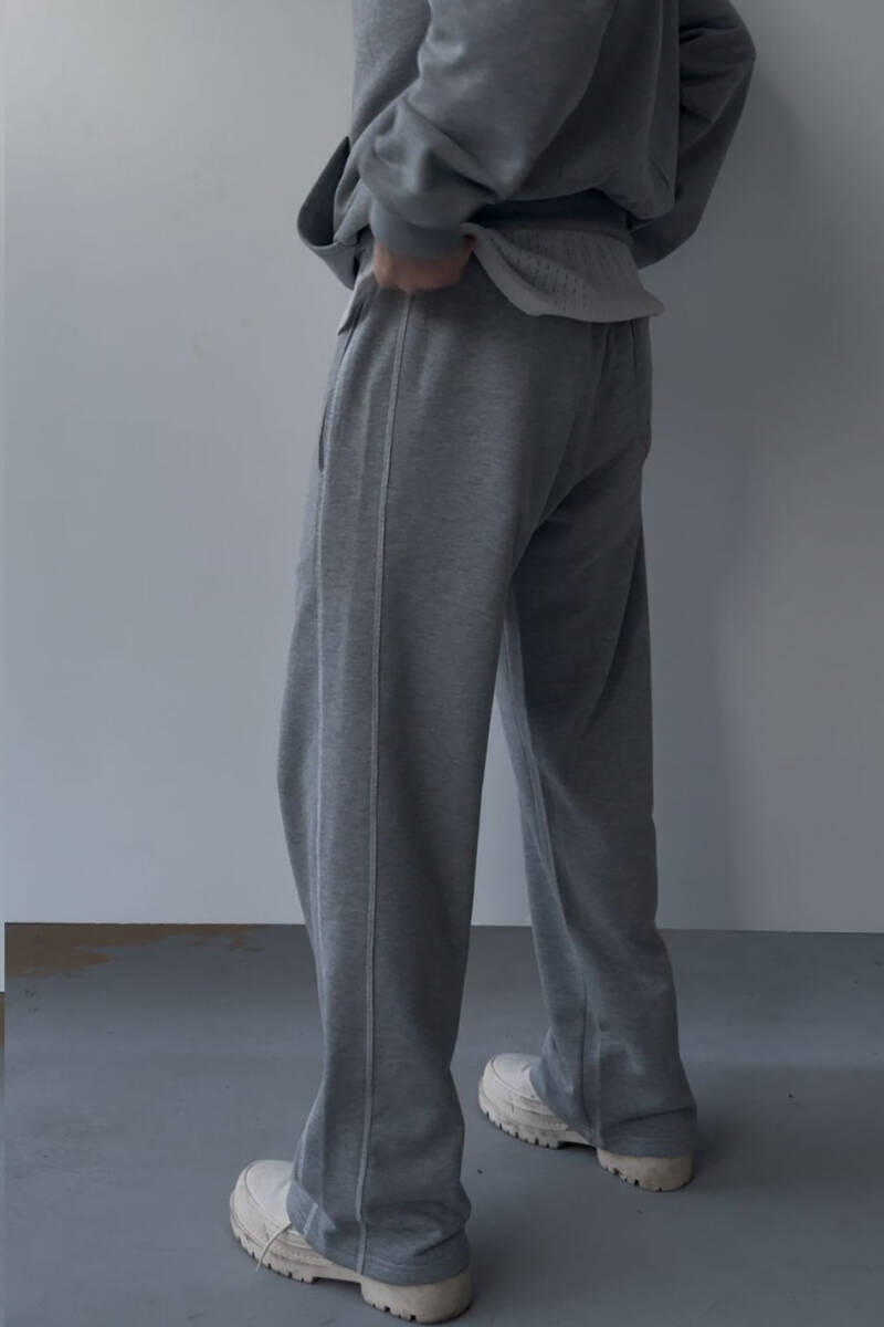 Çift Dikiş Detaylı Gri Melanj (Şardonsuz) Baggy Eşofman - 2