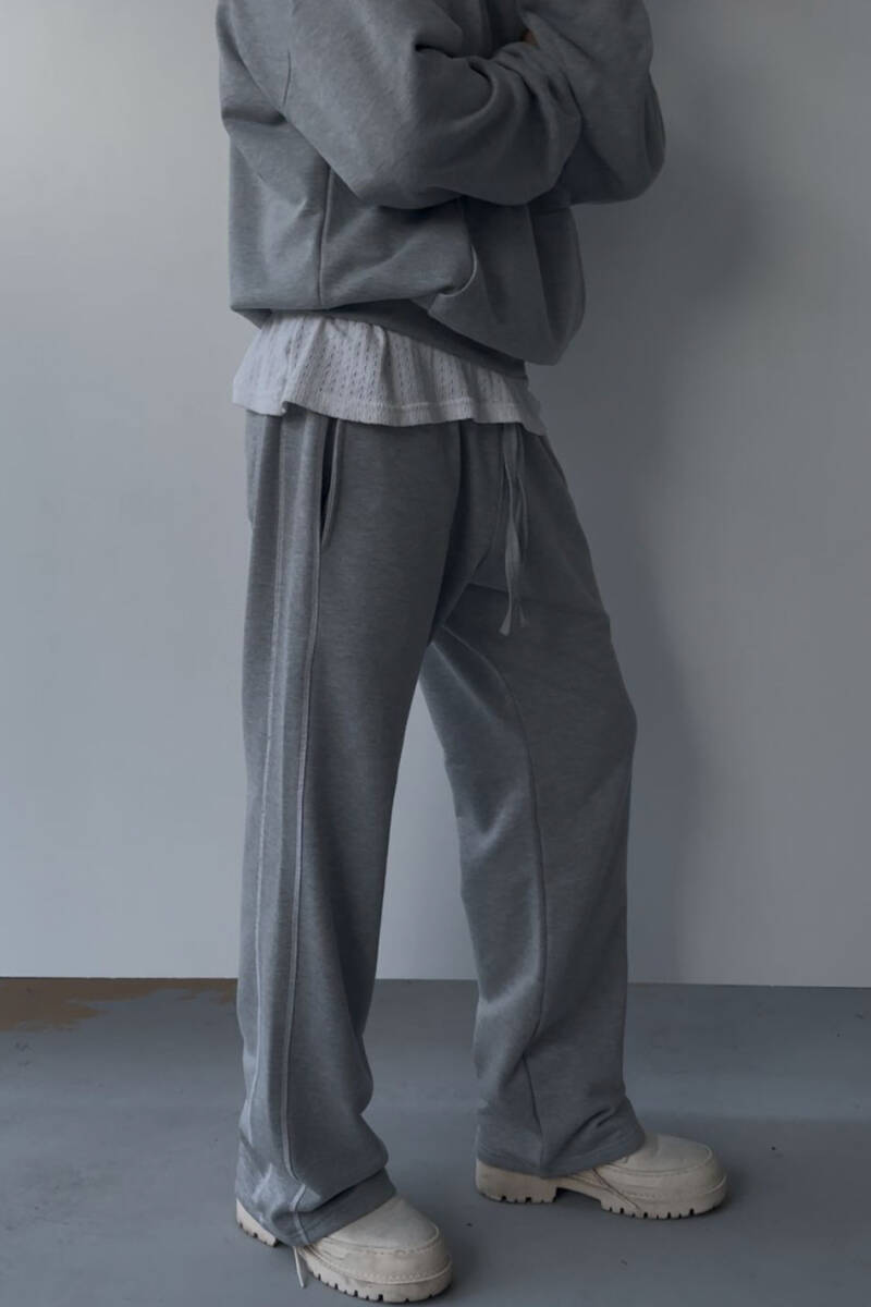 Çift Dikiş Detaylı Gri Melanj (Şardonsuz) Baggy Eşofman - 3