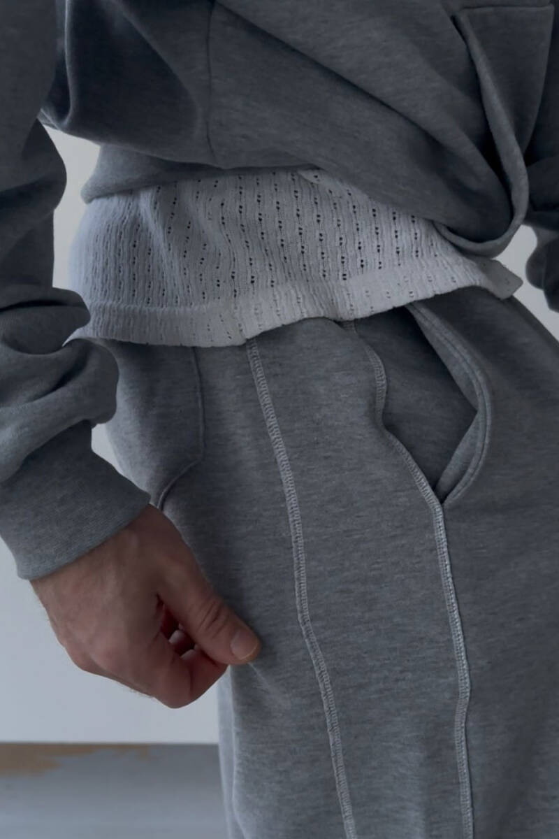 Çift Dikiş Detaylı Gri Melanj (Şardonsuz) Baggy Eşofman - 4