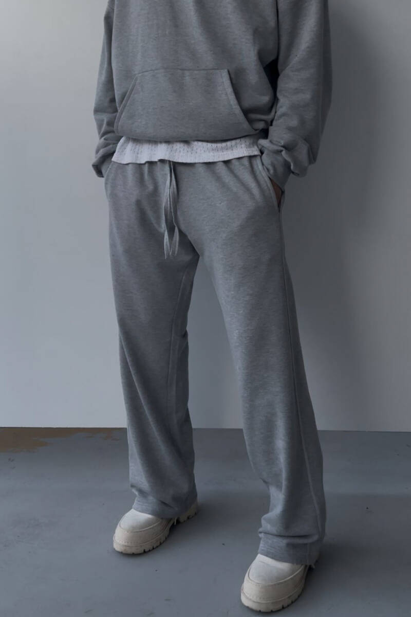 Çift Dikiş Detaylı Gri Melanj (Şardonsuz) Baggy Eşofman 