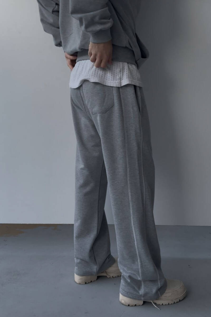 Çift Dikiş Detaylı Gri Melanj (Şardonsuz) Baggy Eşofman - 5