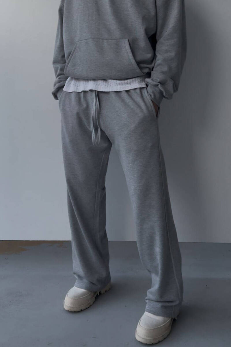 Çift Dikiş Detaylı Gri Melanj (Şardonsuz) Baggy Eşofman 