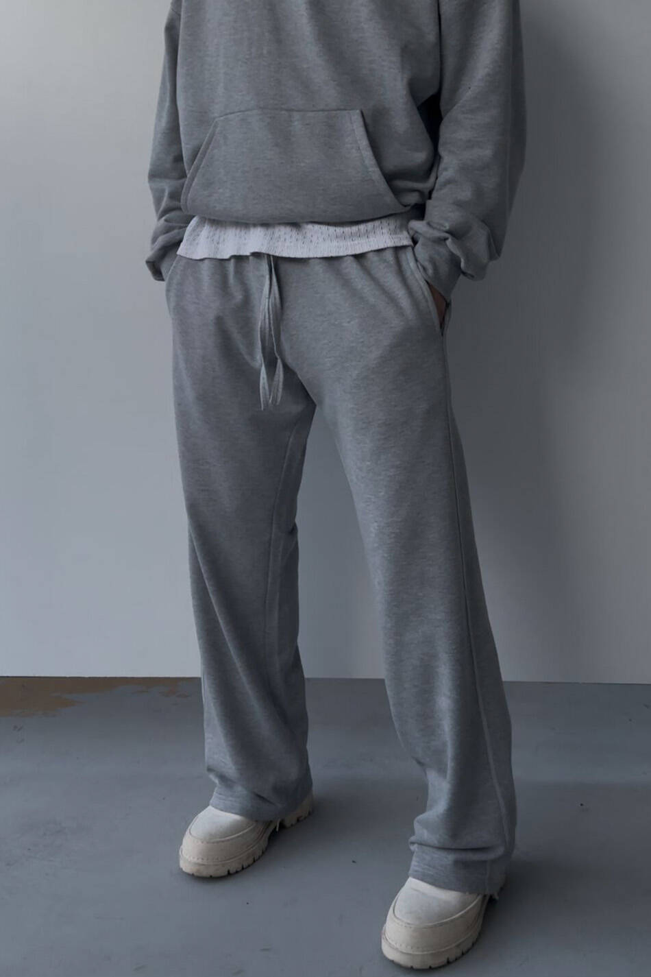 Çift Dikiş Detaylı Gri Melanj (Şardonsuz) Baggy Eşofman - SOLDOUT