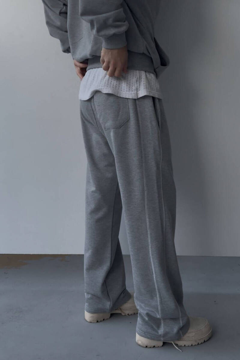 Çift Dikiş Detaylı Gri Melanj (Şardonsuz) Baggy Eşofman - 5