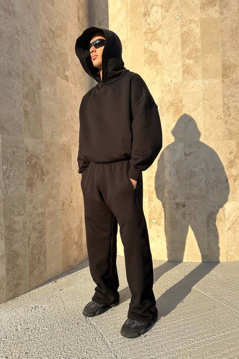Çift Dikiş Detaylı Siyah Baggy Eşofman - 5