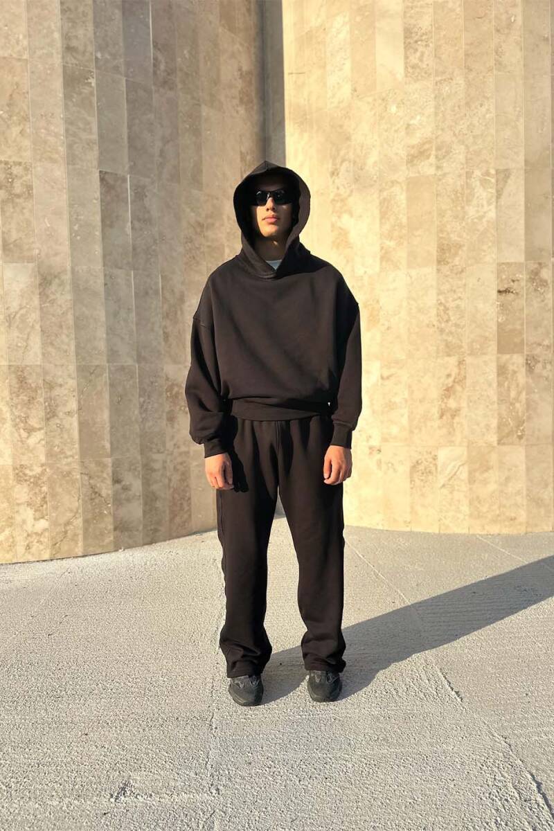 Çift Dikiş Detaylı Siyah Baggy Eşofman - 4