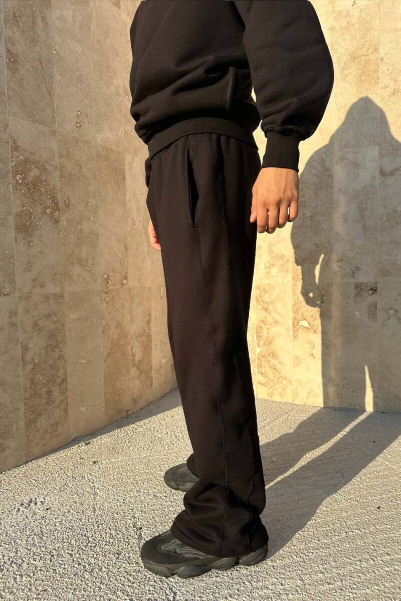 Çift Dikiş Detaylı Siyah Baggy Eşofman - 6