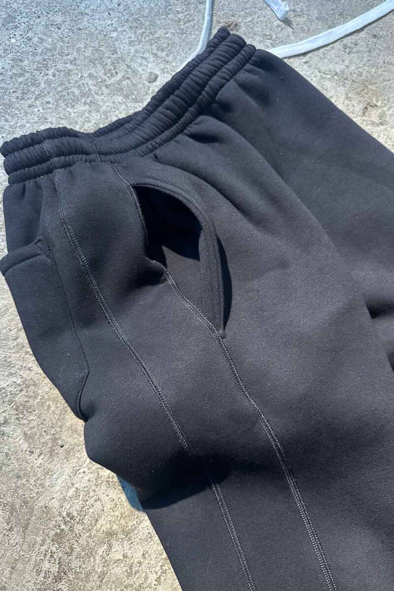 Çift Dikiş Detaylı Siyah Baggy Eşofman - 4