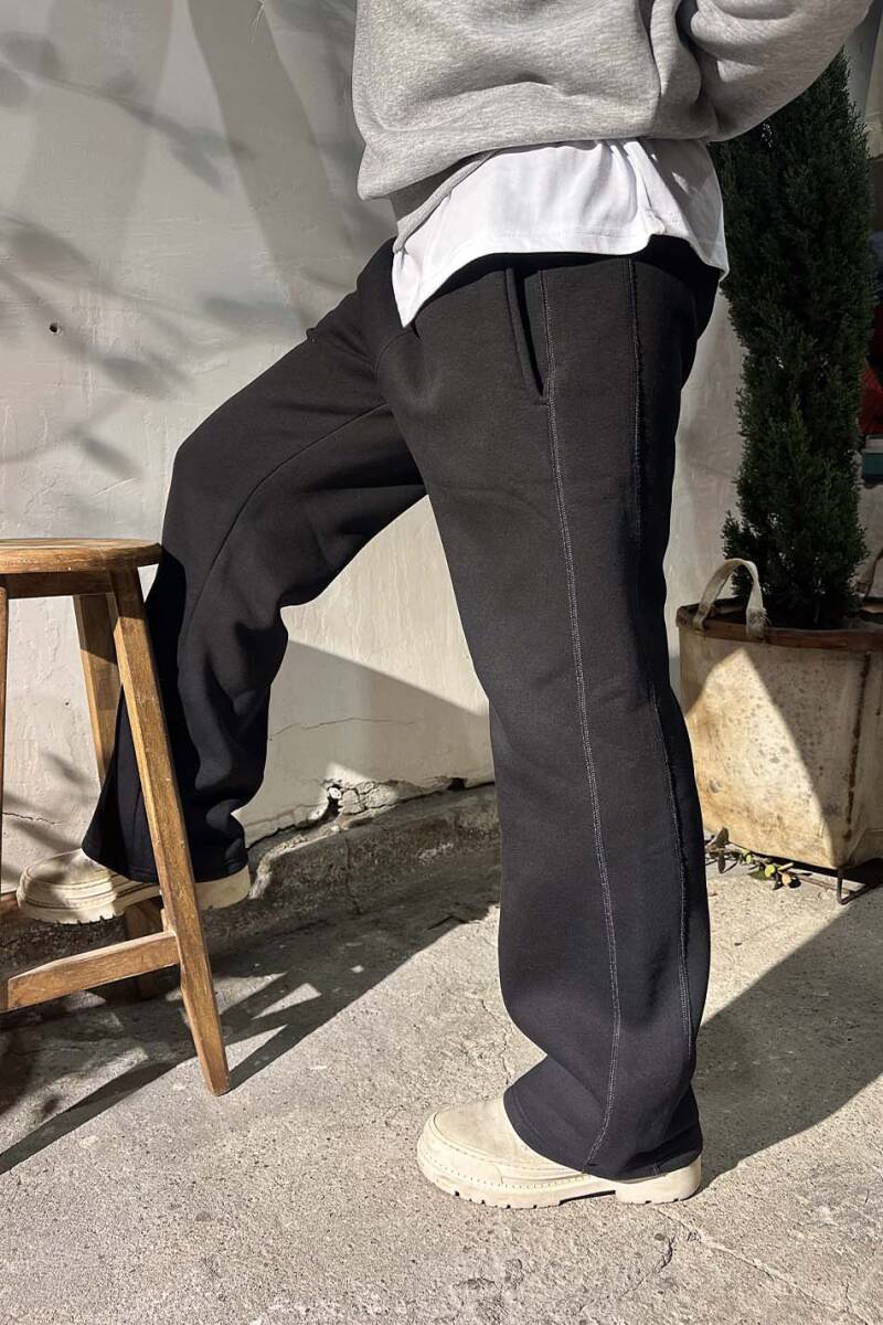 Çift Dikiş Detaylı Siyah Baggy Eşofman - 6