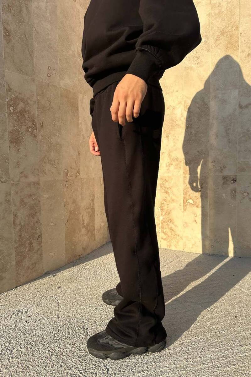 Çift Dikiş Detaylı Siyah Baggy Eşofman - 3