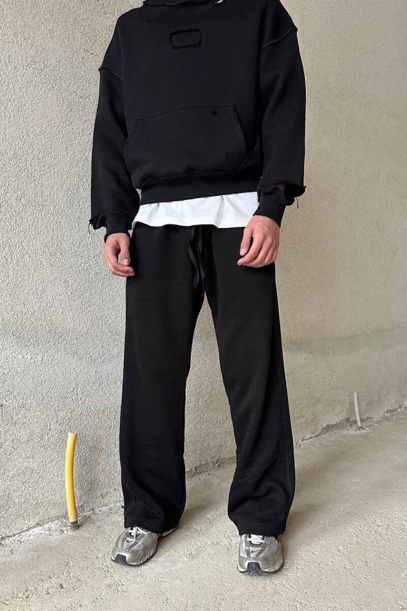 Çift Dikiş Detaylı Siyah (Şardonsuz) Baggy Eşofman - 1
