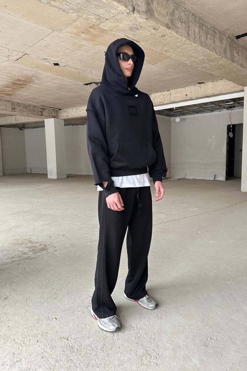 Çift Dikiş Detaylı Siyah (Şardonsuz) Baggy Eşofman - 2
