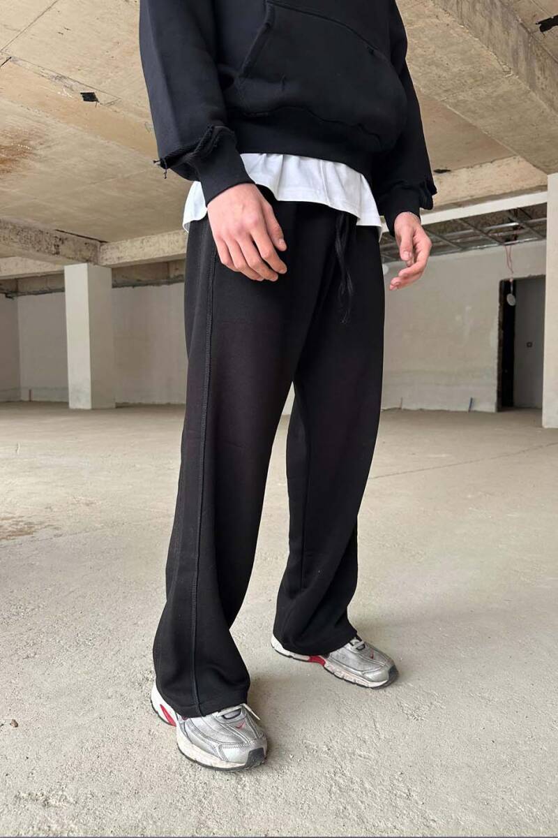 Çift Dikiş Detaylı Siyah (Şardonsuz) Baggy Eşofman - 3